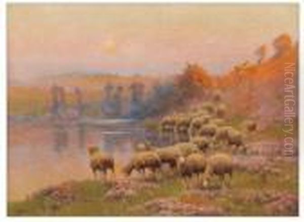  Troupeau De Mouton Au Bord De L'eau  Oil Painting by Edouard Pail