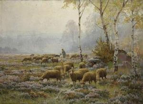 Bergere Et Son Troupeau Dans Un Champ De Bruyere Oil Painting by Edouard Pail