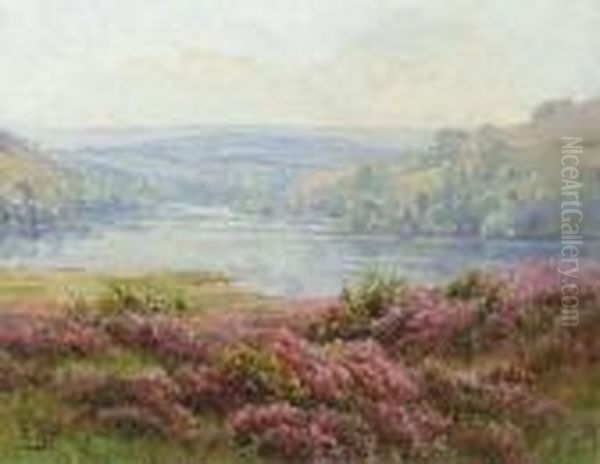 A Lakeland Landscape With Heather Oil Painting by Edouard Pail