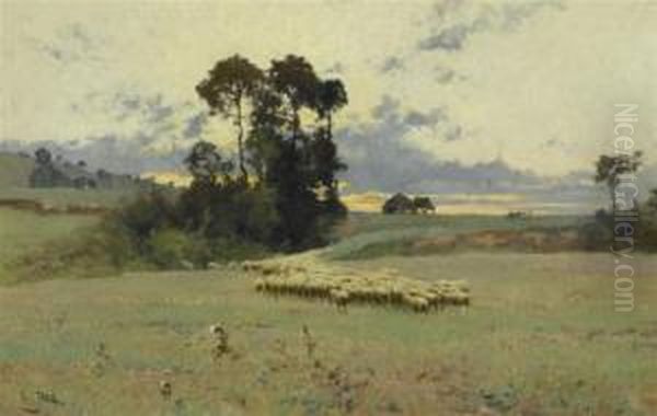 Landscape With A Flock Of Sheep Oil Painting by Edouard Pail