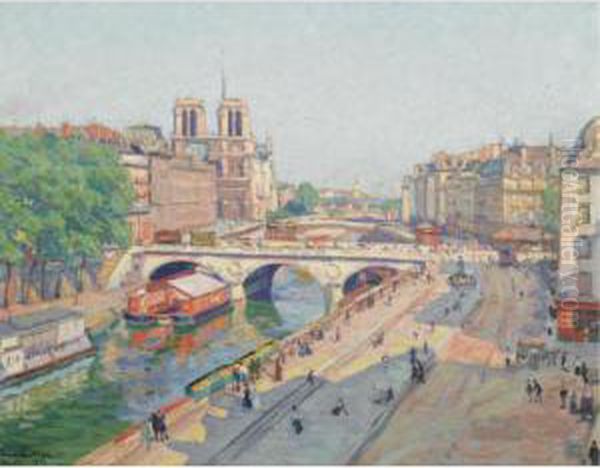 Le Quai Des Grands Augustins Oil Painting by Henri Pailler