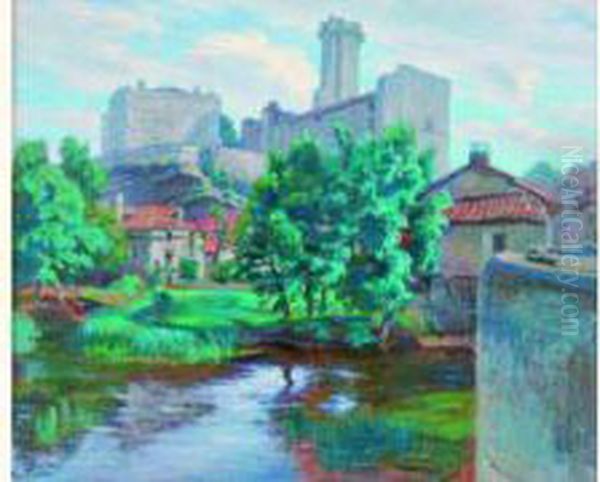  La Dronne Et Le Chateau De Bourdeilles  Oil Painting by Henri Pailler