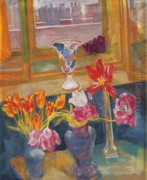 Still Life Of Flowers In Front Of The Window Oil Painting by Jeno Paizs Goebel