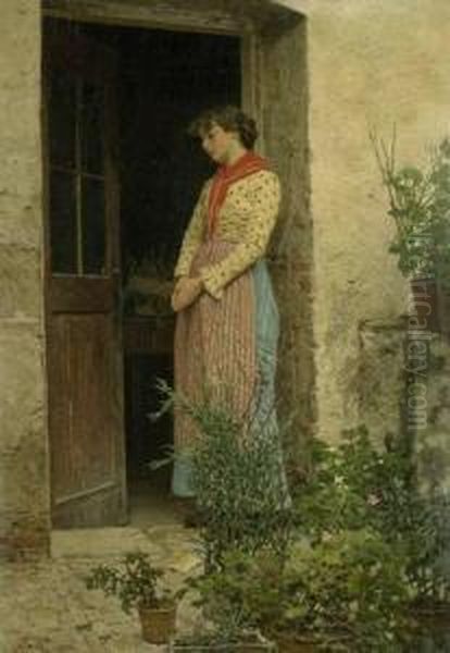 Junge Frau In Landlicher Tracht An Der Tur Eines Bauernhausesstehend Oil Painting by Pietro Pajetta