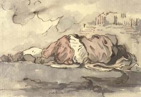 A Sleeping Beggar Oil Painting by Jacques-Augustin Pajou