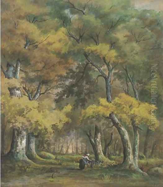 A wooded landscape with a woman gathering wood Oil Painting by Narcisse-Virgile Diaz de la Pena