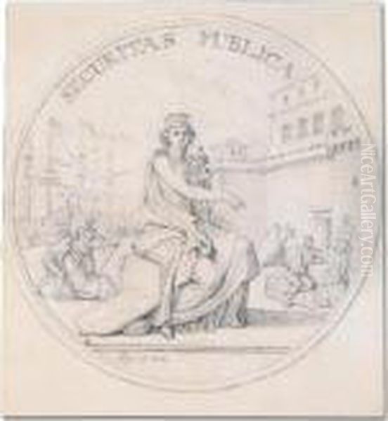 Design For A Medal: Pour ``les Intendants De La Sante De Marseilles'. Oil Painting by Jacques-Augustin Pajou