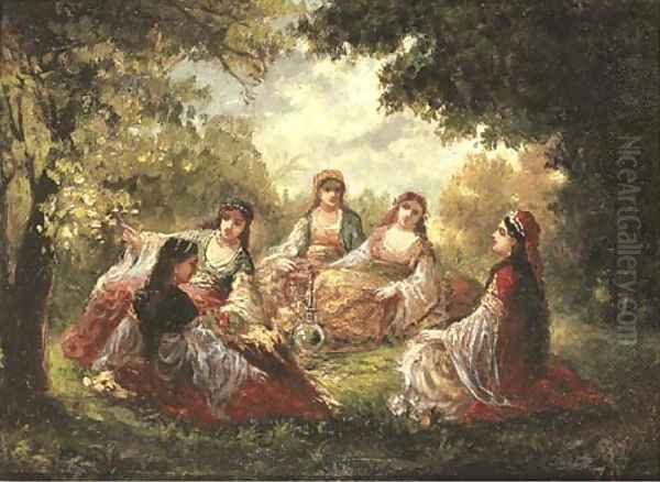 Cinq orientales fumant le narguile sous les arbres dans un jardin Oil Painting by Narcisse-Virgile Diaz de la Pena