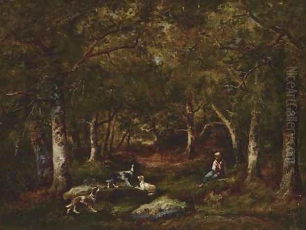 Enfant et chiens de chasse en foret Oil Painting by Narcisse-Virgile Diaz de la Pena