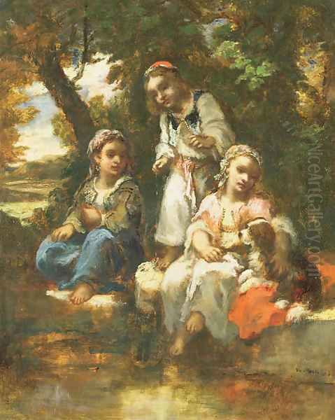 Enfants turques avec un chien Oil Painting by Narcisse-Virgile Diaz de la Pena