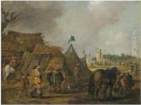 A Military Encampment With Cavaliers And Horses In The Foreground Oil Painting by Palamedes Palamedesz. (Stevaerts, Stevens)