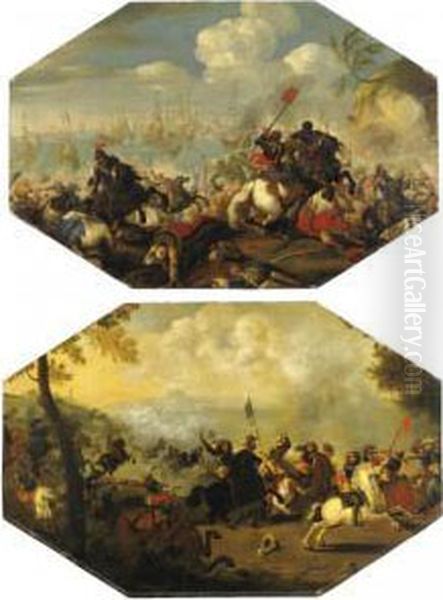 Battaglia Di Cavalleria, Con Battaglia Navale Sul Fondo Oil Painting by Palamedes Palamedesz. (Stevaerts, Stevens)