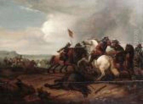 A Cavalry Skirmish Oil Painting by Palamedes Palamedesz. (Stevaerts, Stevens)