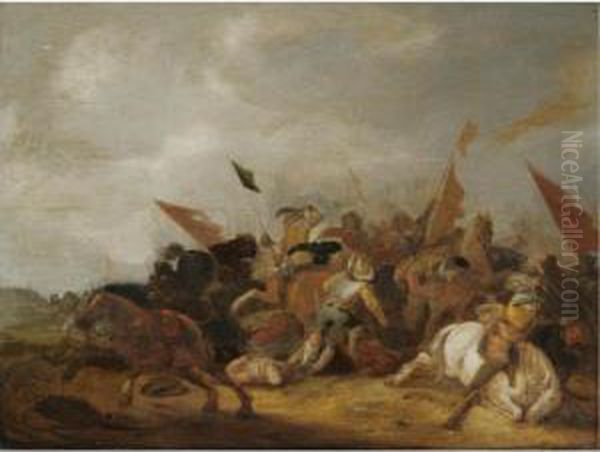 A Battle Scene In A Dune Landscape Oil Painting by Palamedes Palamedesz. (Stevaerts, Stevens)