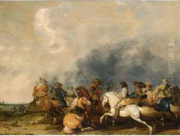 A Cavalry Battle Scene Oil Painting by Palamedes Palamedesz. (Stevaerts, Stevens)