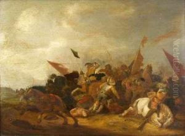 A Cavalry Skirmish Oil Painting by Palamedes Palamedesz. (Stevaerts, Stevens)