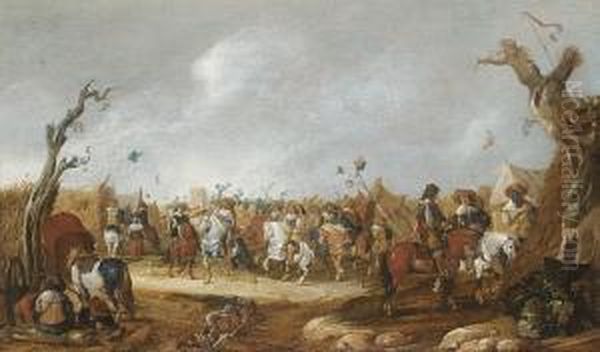 A Cavalry Encampment Oil Painting by Palamedes Palamedesz. (Stevaerts, Stevens)