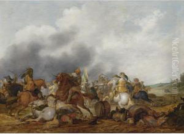 A Cavalry Battle Scene In An Open Field Oil Painting by Palamedes Palamedesz. (Stevaerts, Stevens)