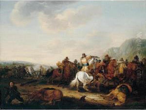 A Skirmish Between Cavalry And Infantry Oil Painting by Palamedes Palamedesz. (Stevaerts, Stevens)