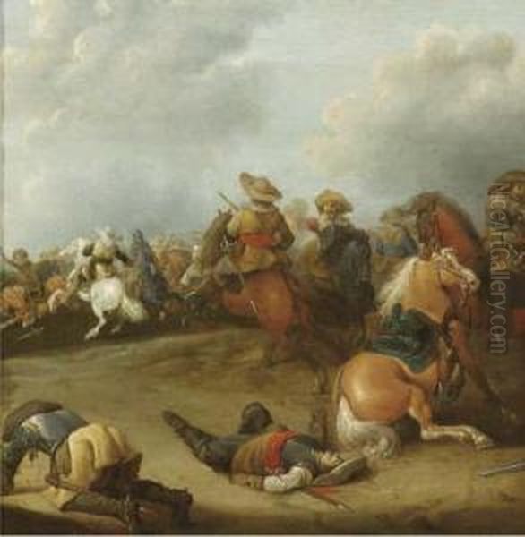 A Cavalry Battle: A Fragment Oil Painting by Palamedes Palamedesz. (Stevaerts, Stevens)