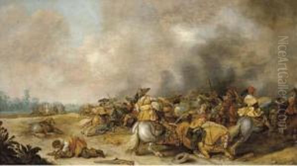 A Cavalry Engagement Oil Painting by Palamedes Palamedesz. (Stevaerts, Stevens)