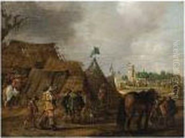 A Military Encampment Oil Painting by Palamedes Palamedesz. (Stevaerts, Stevens)