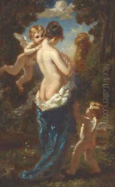 Jeune femme demi-nue, dos de trois-quarts entoure de deux amours Oil Painting by Narcisse-Virgile Diaz de la Pena