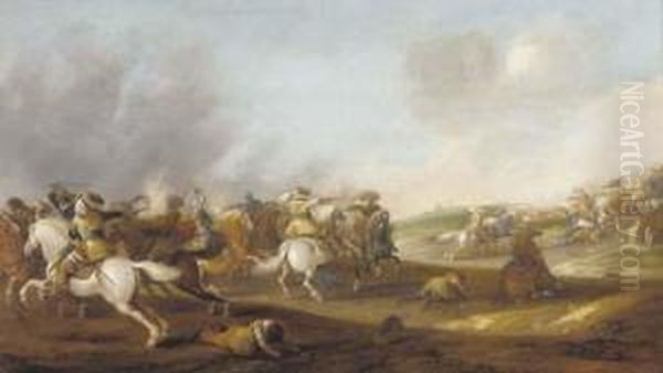 A Cavalry Skirmish Oil Painting by Palamedes Palamedesz. (Stevaerts, Stevens)