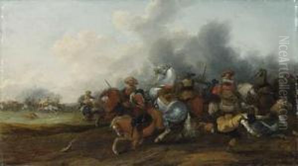 A Cavalry Skirmish Oil Painting by Palamedes Palamedesz. (Stevaerts, Stevens)