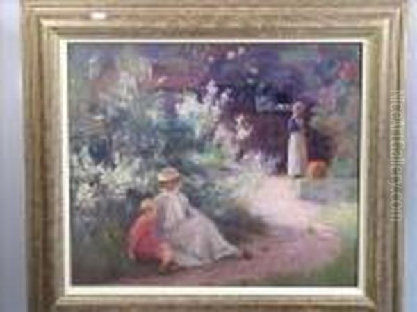 Lady With Her Young Son And Maid In The Garden Oil Painting by William Mainwaring Palin