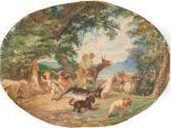 Putti E Animali Nel Paesaggio Oil Painting by Nicola Palizzi