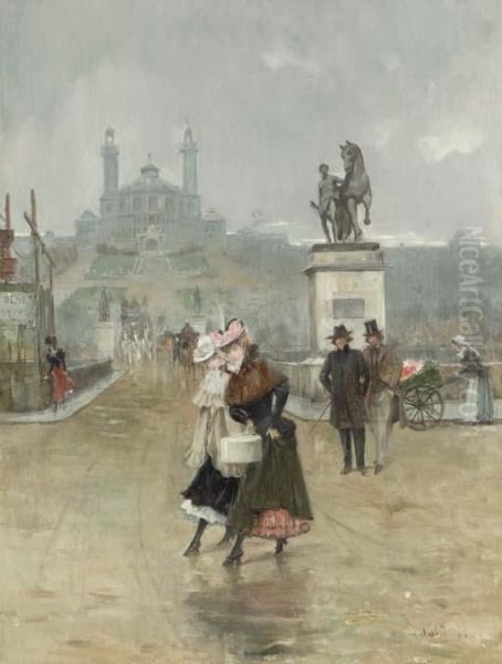 Ladies Crossing The Street Oil Painting by Joaquin Pallares Allustante