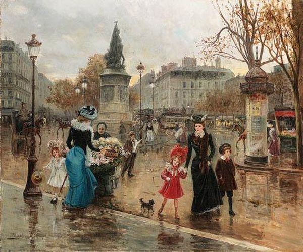 Une Place Animee A Paris Oil Painting by Joaquin Pallares Allustante