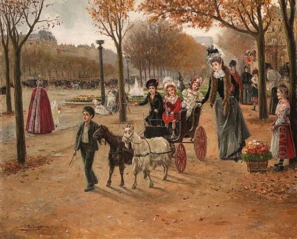 La Promenade Au Champs Elysees Oil Painting by Joaquin Pallares Allustante