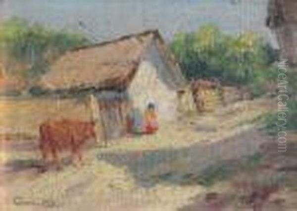 A Village Lane Withfigure And Cow Oil Painting by Carolus Pallya