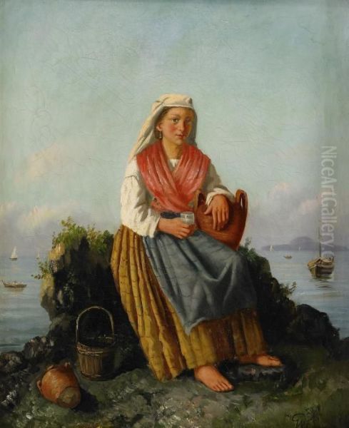 Sittande Allmogekvinna I Kustlandskap Oil Painting by Gustaf-Wilhelm Palm