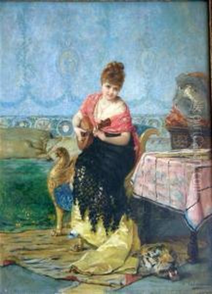 Lady Playing Aguitar Oil Painting by Vicente Palmaroli Y Gonzalez