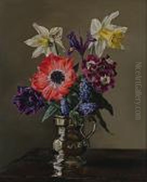 Mixed Flowers In A Pewter Tankard. by Alfred Palmer