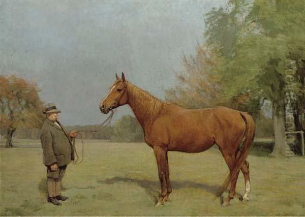 A Chestnut Hunter And Groom, In An Extensive Landscape Oil Painting by James Lynwood Palmer