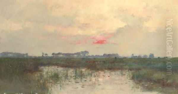 Coucher de soleil sur l'etang Oil Painting by Pierre-Emmanuel Damoye