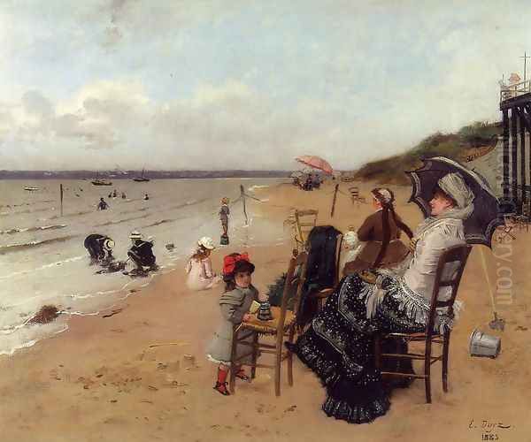 Mother and Daughter on the Beach Oil Painting by Ernest Ange Duez