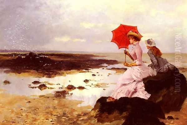 Au Bord De La Plage Sur Un Rocher (On a Rock by the Seashore) Oil Painting by Ernest Ange Duez