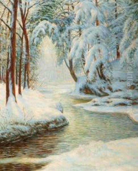 Snowy Stream In Winter Light Oil Painting by Walter Launt Palmer