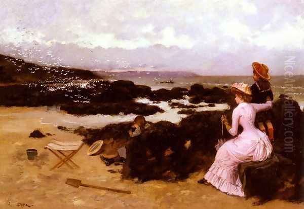 Femme Et Enfants Sur La Plage (Lady and Two Children on the Beach) Oil Painting by Ernest Ange Duez