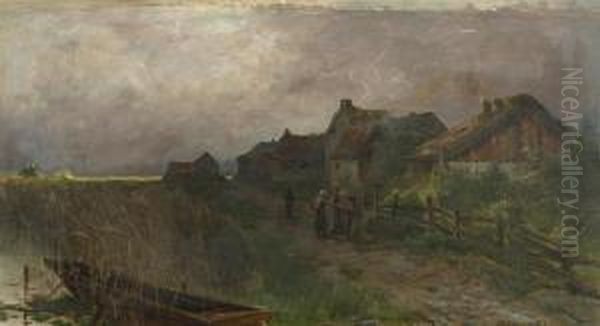 Uferlandschaft Mit Personen Auf Einem Weg Und Hausern Oil Painting by Charles Joh. Palmie