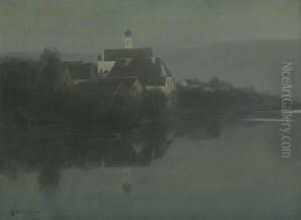 Kirchdorf Am Wasser Im
 Morgennebel. Oil Painting by Charles Joh. Palmie