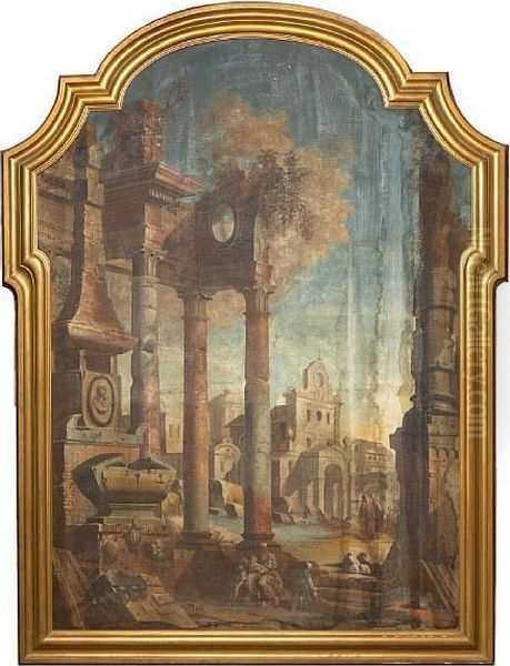 A Capriccio Landscape With Figures By Ruins In The Foreground Oil Painting by Pietro Paltronieri Il Mirandolese