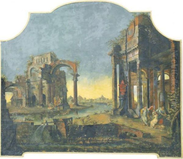 An Architectural Capriccio With Figures Among Ruins Oil Painting by Pietro Paltronieri Il Mirandolese