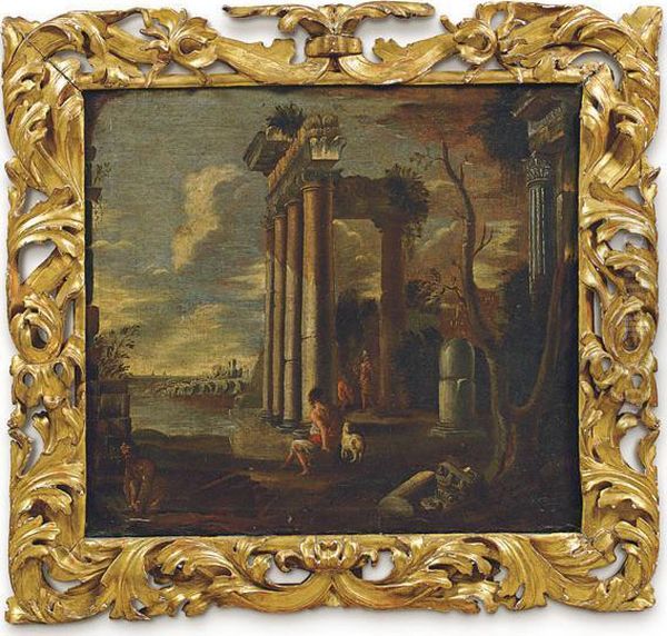 Capriccio Con Rovine E Figure Di Viandanti Oil Painting by Pietro Paltronieri Il Mirandolese