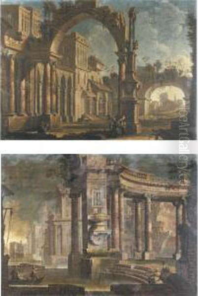 Architectural Capriccio With 
Figures Underneath An Arch; Architectural 
Capriccio Along A River Oil Painting by Pietro Paltronieri Il Mirandolese